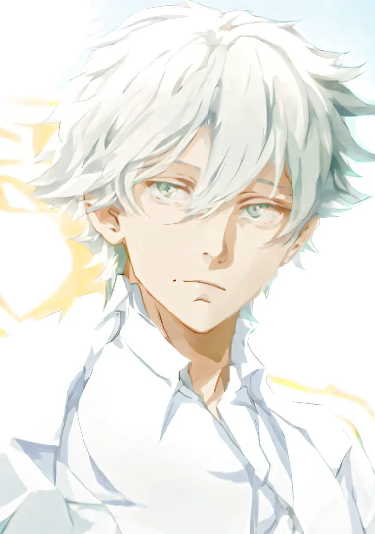 Anime boy with green eyes and white hair, vector shaded anime, Detailed anime soft face, young anime man, he has dark grey hairs...