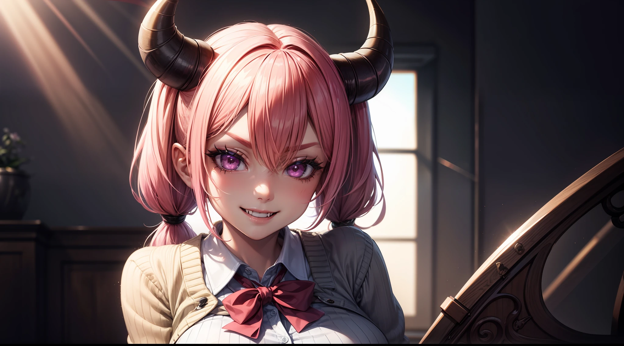 4k, twin tails ,Lens flare, pink hair ,mascara, eyeliner, god rays, 4k, 8k, best quality, masterpiece, hyper detailed, intricate detail, 1girl, solo, detailed, Detailed fuschia hair ++, detailed pink eyes ++,  raytracing, perfect shadow, highres, enhanced eyes,  huge breasts, horns,  succubus, evil grin, narrow eyebrows, seductive, fangs, hyper detailed, interesting background, , detailed face, detailed clothing. volumptuous, colourful background, evil smile, cardigan, mini skirt, laying, full body, school uniform