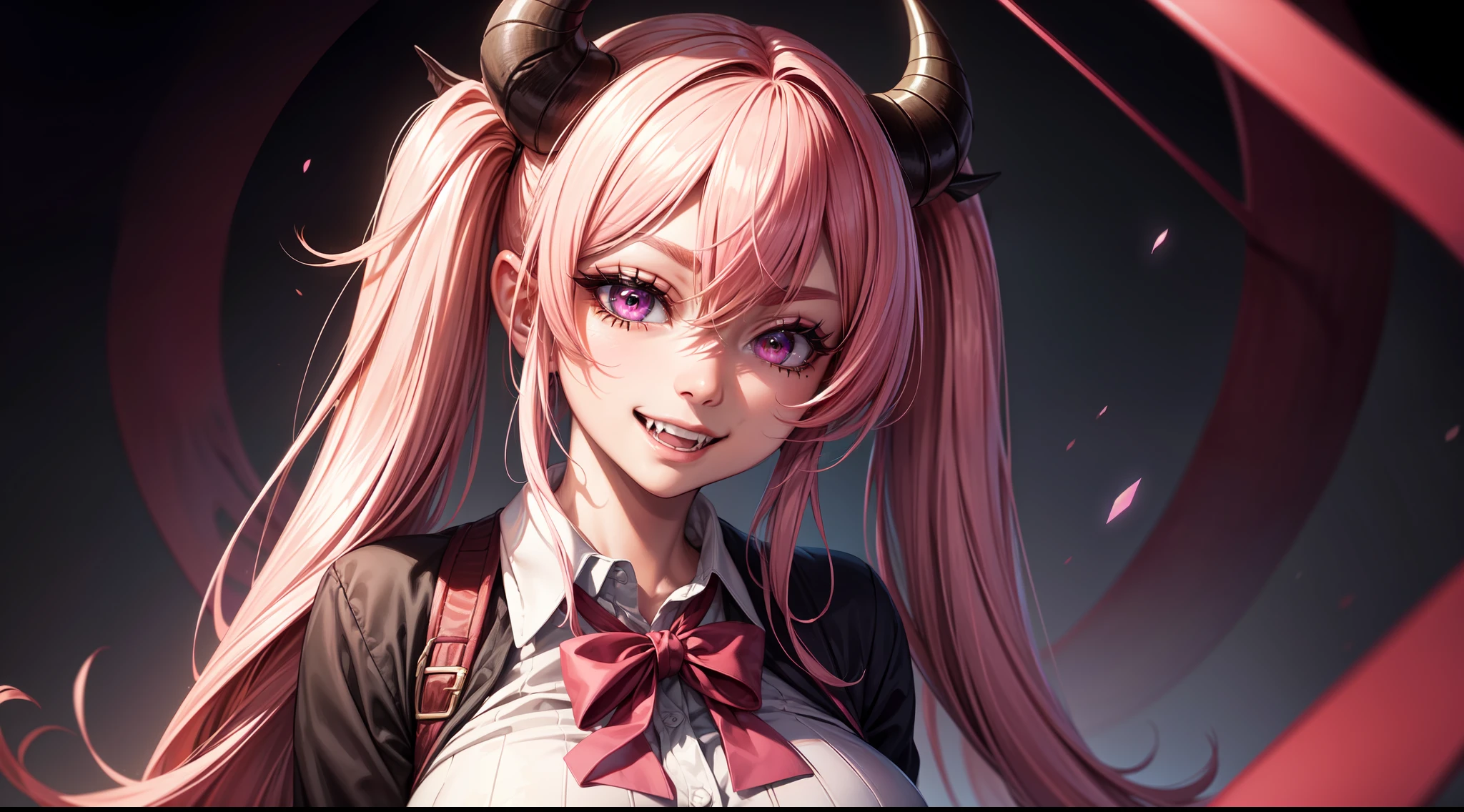 4k, twin tails ,Lens flare, pink hair ,mascara, eyeliner, god rays, 4k, 8k, best quality, masterpiece, hyper detailed, intricate detail, 1girl, solo, detailed, Detailed fuschia hair ++, detailed pink eyes ++,  raytracing, perfect shadow, highres, enhanced eyes,  huge breasts, horns,  succubus, evil grin, narrow eyebrows, seductive, fangs, hyper detailed, interesting background, , detailed face, detailed clothing. volumptuous, colourful background, evil smile, cardigan, mini skirt, laying, full body, 