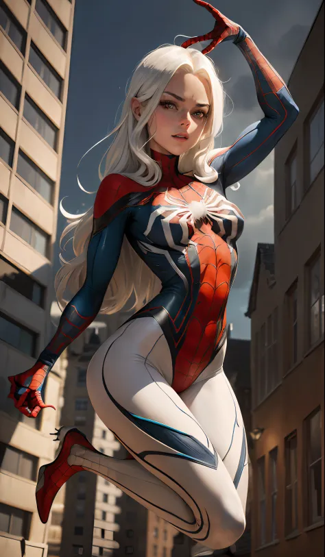 (Meisterwerk, 4K分辨率, ultrarealistisch, sehr detailliert), (White superhero theme, charismatisch, there's a girl on top of town, wearing a Spider-Man costume, sie ist eine Superheldin), [ ((25 Jahre), (Long white hair: 1,2), full-body, (blaue Augen:1,2), ((...