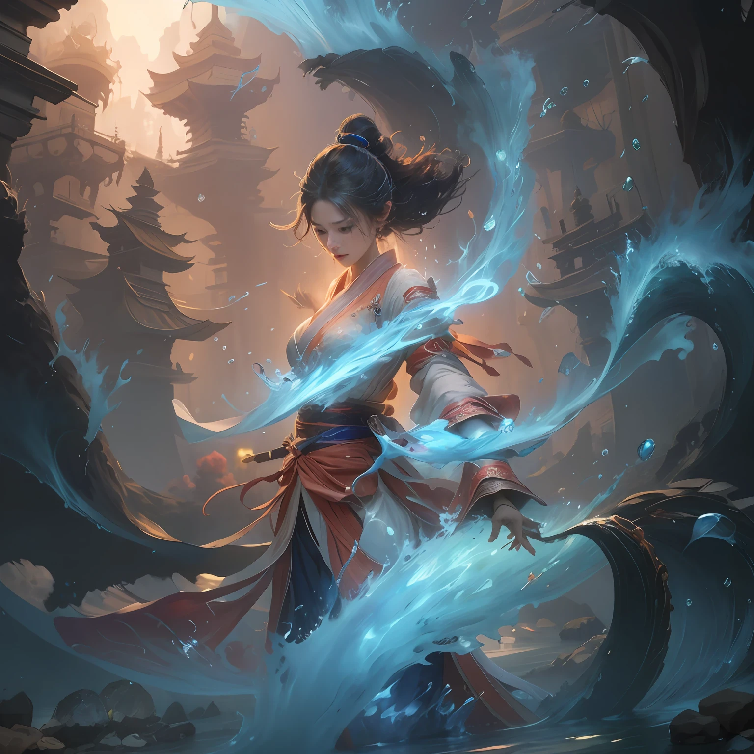 1个Giant Breast Girl，Wearing a Hanfu robe，Wearing a sword（Blue Flame），standing on water（The clear river is full of fish），(splashing water drops),Water magic,Water Magic Practice,，whaite hair，pony tails，short detailed hair，whaite hair，hyper HD，anatomy correct，super detailing，8K，tmasterpiece，hyper HD，8K，super detailing，textureskin，Award-Awarded，best qualtiy