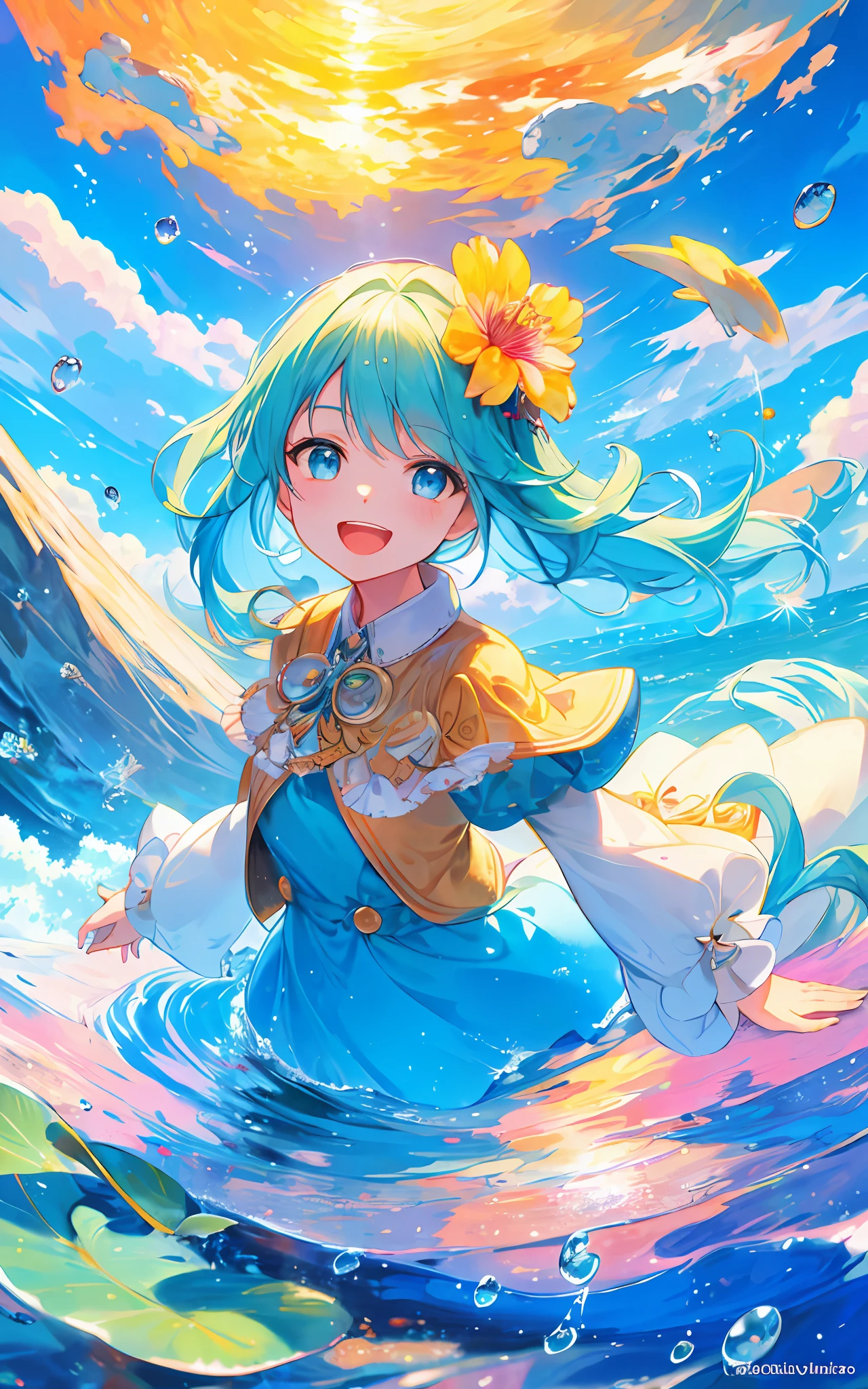 (Masterpiece),(Best quality),(Ultra-detailed),(illustration),
1girll, Detailed body, Detailed face, Detailed eyes,Smile, cheerfulness, Open mouth, Arm at side, 
Detailed landscape, Detailed background,
Summer, Nostalgia, cumulonimbus clouds, Clouds, Puddles, swell sea，water bloom，Jade water drops，The wall of water separates heaven and earth