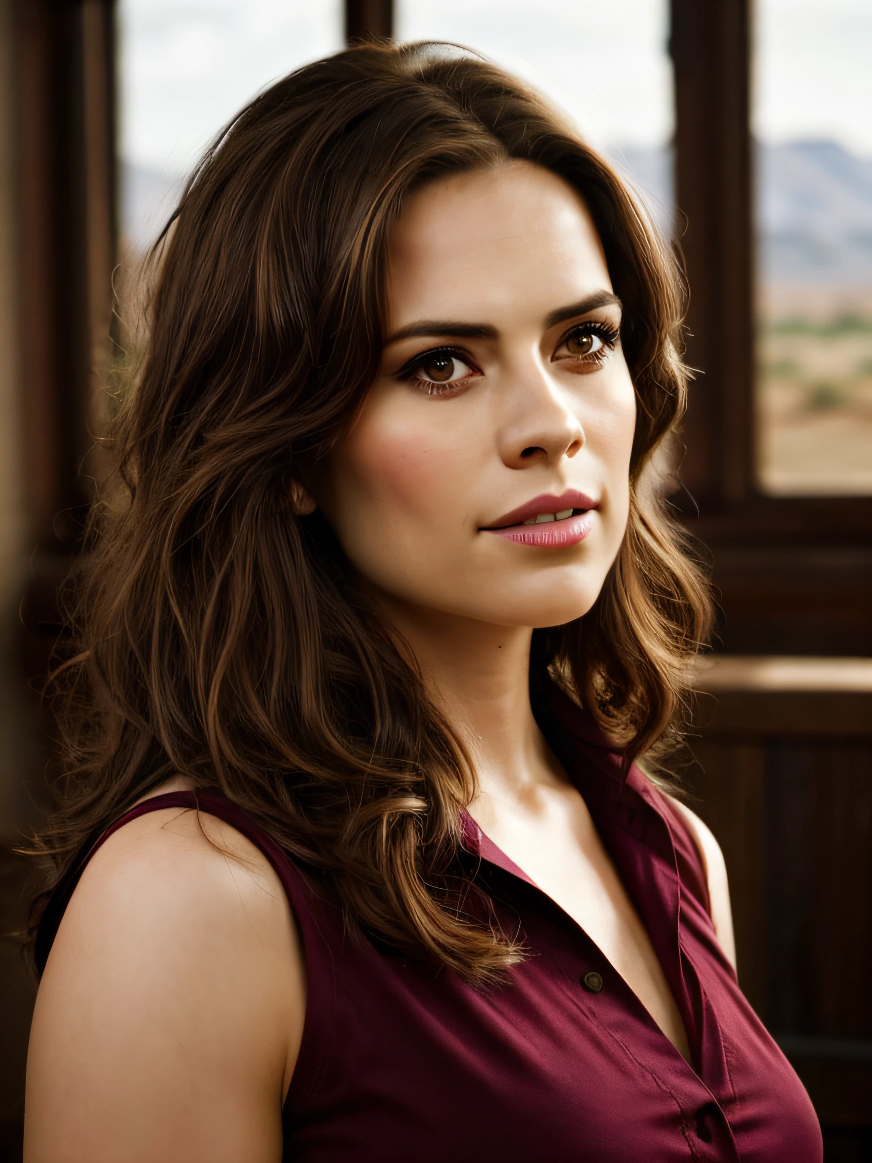 (Thirty year old) woman, standing, dressed as a cowgirl, cowboy boots, long legs, dreamy photo, looking straight at camera, slight smile, full lips, old western, Wild West, monument valley, dusty, andre kohn, Canon, (Detailed features::1.2), real life. Hayley Atwell, intricate, 8k, highly detailed, (extremely detailed CG unity 8k wallpaper), ((square jaw)), (well defined jaw), (downturned lips), (detailed anatomy), Hyperrealistic full shot body image, trending on CGSociety, Intricate, High Detail, Sharp focus, dramatic, volumetric lighting, vibrant, warm colours, digital painting, intense, modelshoot style, (extremely detailed CG unity 8k wallpaper), full shot body photo of the most beautiful artwork in the world, pearl skin, professional majestic oil painting