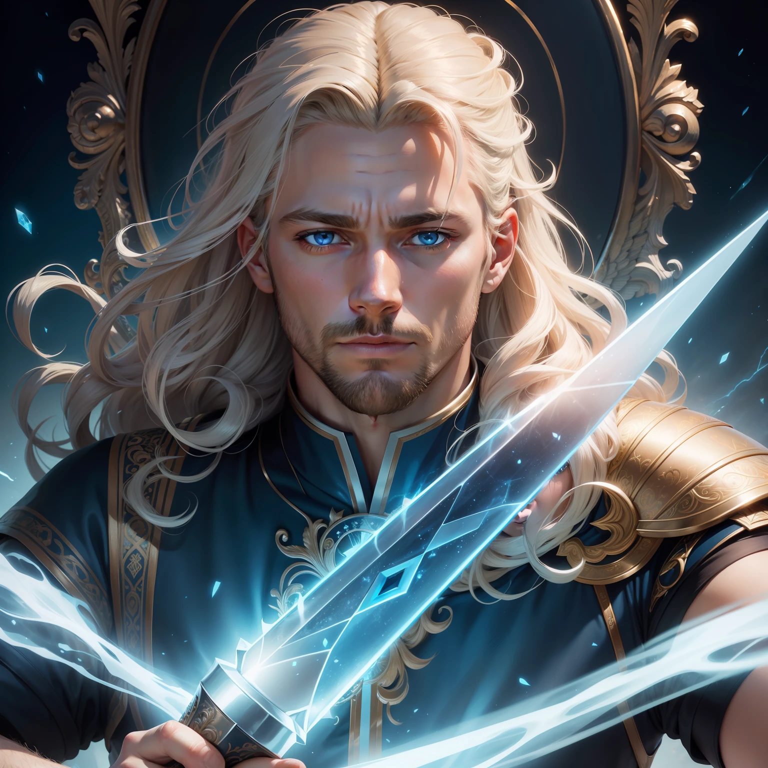 (masterpiece) , realistic, (35 years old male), big and blue eyes, celestial angel, well-defined and bright eyes, strong and soft face, cinematic light, realistic light hair, strong expression, hyper-realistic centered cover photo, detailed symmetrical blue eyes, holding a crystal sword, realistic, ultra high definition, 8k, intricate art, best quality, realistic, ultra detailed, sfw, head shot, a portrait of a young man.