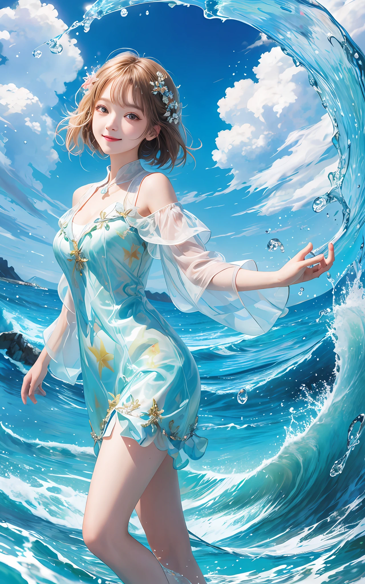 （Masterpiece）Ultra-high quality detailed illustrations，Fresh and transparent girl wearing glass clothes，is smiling happily，Arm sideways posture。The background is rich in detail，In the ethereal scene of summer，Cumulonimbus clouds and clouds，Waves rise in puddles，splash of water，Water droplets are as shining as jade，It seems to cut through the wall of water of heaven and earth。