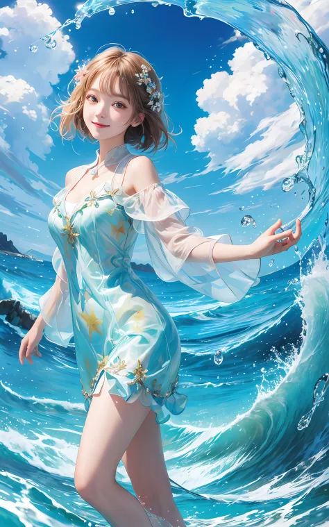 （Masterpiece）Ultra-high quality detailed illustrations，Fresh and transparent girl wearing glass clothes，is smiling happily，Arm s...
