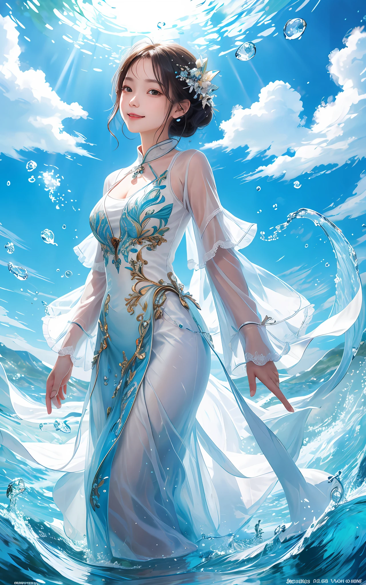 （Masterpiece）Ultra-high quality detailed illustrations，Fresh and transparent girl wearing glass clothes，is smiling happily，Arm sideways posture。The background is rich in detail，In the ethereal scene of summer，Cumulonimbus clouds and clouds，Waves rise in puddles，splash of water，Water droplets are as shining as jade，It seems to cut through the wall of water of heaven and earth。