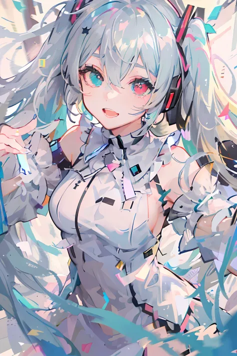 masterpiece, best quality, ultra-detailed, illustration, an extremely delicate and beautiful,
1girl, solo, light smile,
Hatsune Miku,twintails,(live stage), Particles of Light, ((white hair)), fluffy hair, ((((heterochromia)))), ((red eye)), green eye