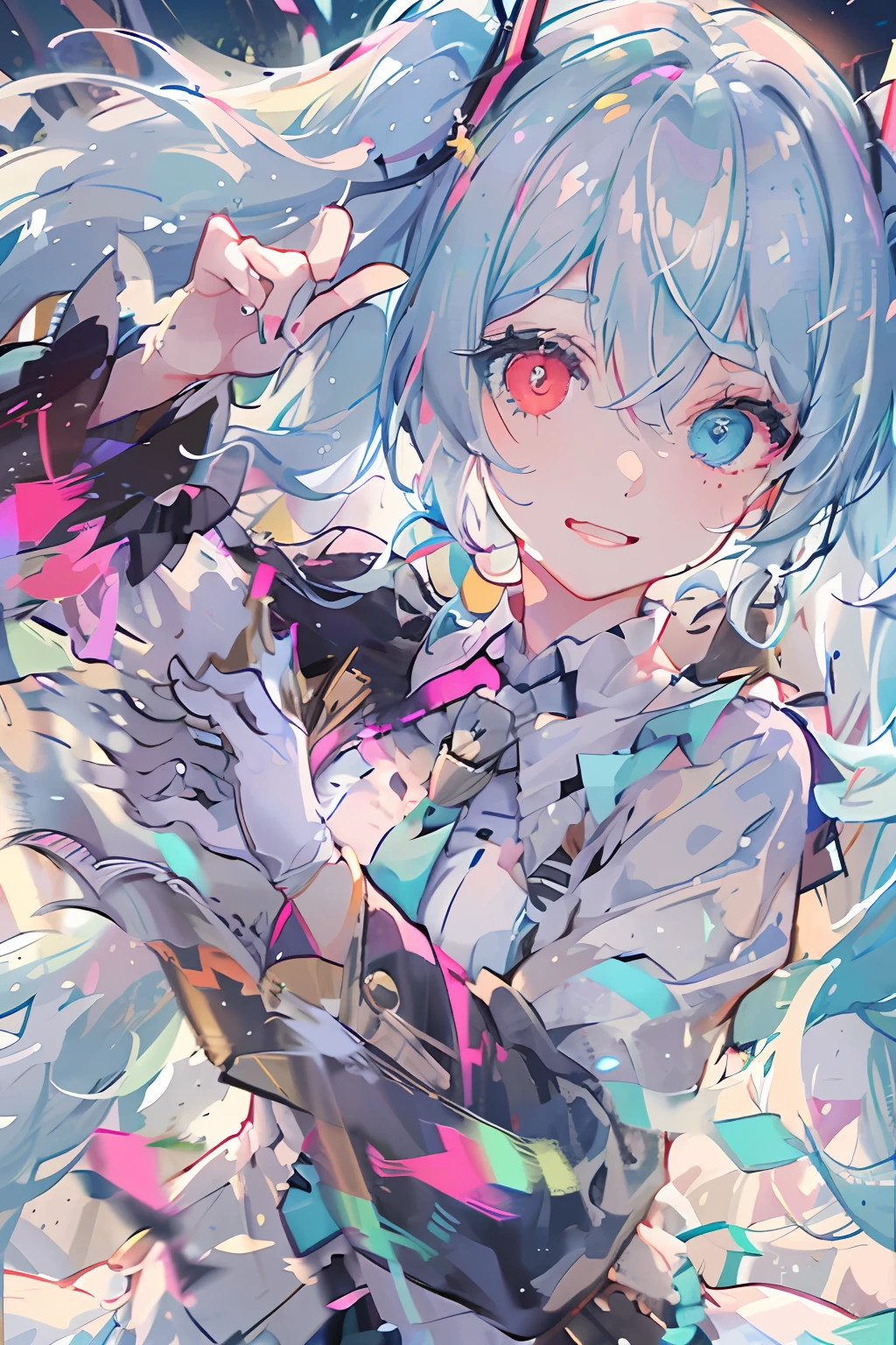 masterpiece, best quality, ultra-detailed, illustration, an extremely delicate and beautiful,
1girl, solo, light smile,
Hatsune Miku,twintails,(live stage), Particles of Light, ((white hair)), fluffy hair, ((((heterochromia)))), ((red eye)), green eye