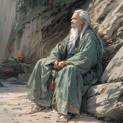 A gray-haired old man，Sitting under the cliff，Back Shadow，Sideways photo，long whitr hair，Chinese costumes，Ancient Chinese environment，Taoist robes，