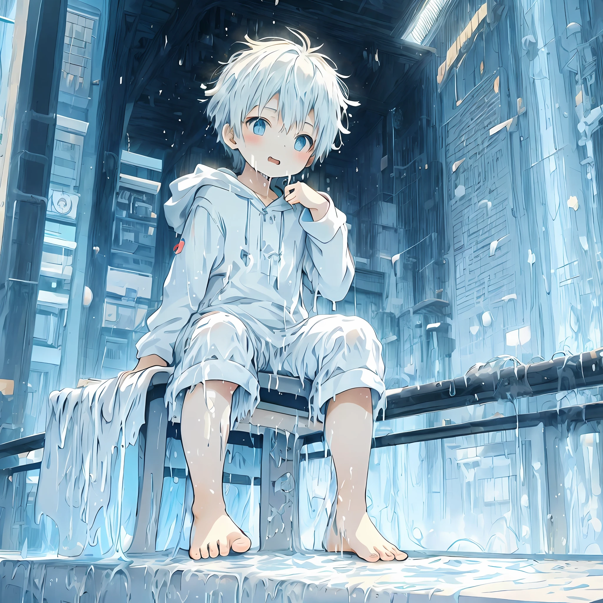 anime - style image of a boy covered in white slime sitting in a chair in a garden, guweiz on pixiv artstation, anime lush john 8k woods, guweiz on artstation pixiv, artwork in the style of guweiz, guweiz, trending on artstation pixiv, atey ghailan 8 k, genshin, official artwork, barefoot, drooling on foot, sexy feet, foot fetish