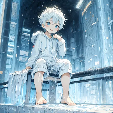 anime - style image of a boy covered in white slime sitting in a chair in a garden, guweiz on pixiv artstation, anime lush john ...