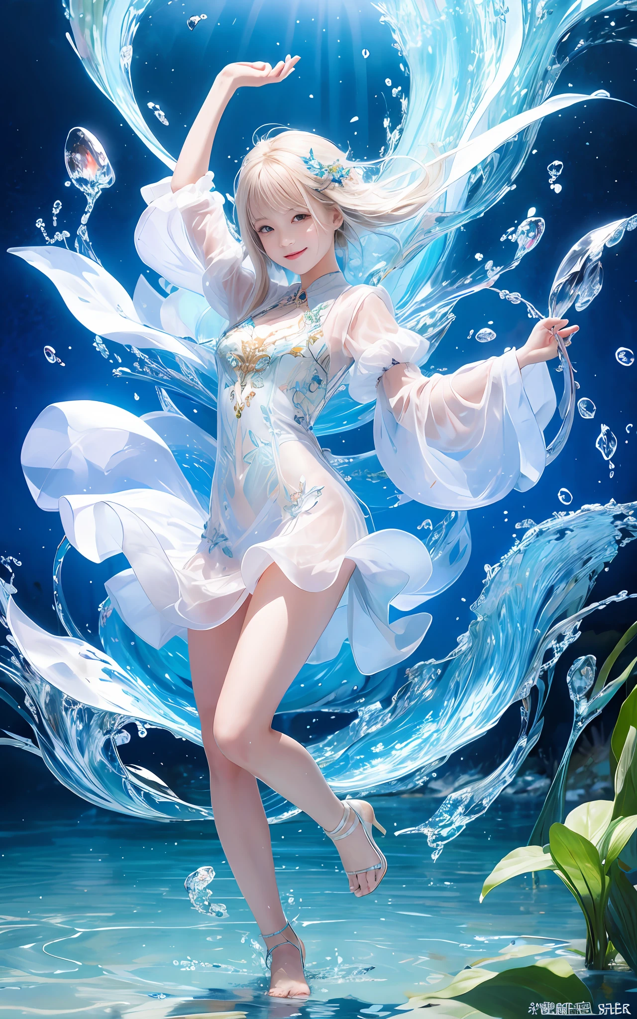 （Masterpiece）Super high quality detailed illustrations，Fresh and transparent girl in glass clothes，Transparent water quality body，is smiling happily，Lateral arm posture。The background is rich in detail，In the ethereal sight of summer，Cumulonimbus and clouds，Waves rise in puddles，splash of water，Water droplets shine like jade，It was as if cutting through the wall of water of heaven and earth。