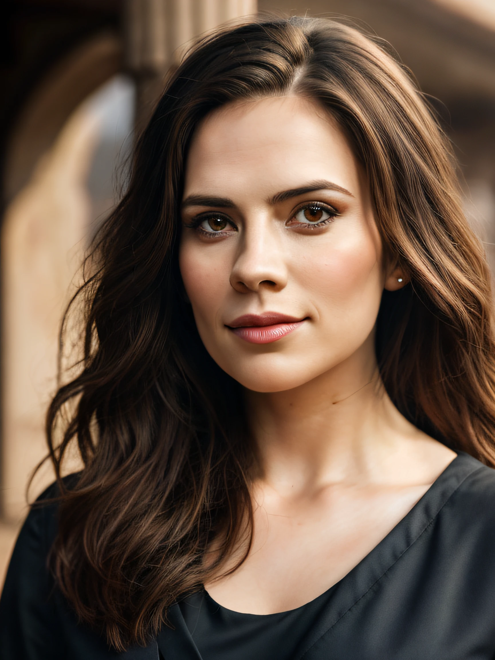 (Thirty year old) woman, standing, dressed as an old western cowgirl, cowboy boots, long legs, dreamy photo, looking straight at camera, slight smile, full lips, old western, Wild West, monument valley, dusty, andre kohn, Canon, (Detailed features::1.2), real life. Hayley Atwell, intricate, 8k, highly detailed, (extremely detailed CG unity 8k wallpaper), ((square jaw)), (well defined jaw), (downturned lips), (detailed anatomy), Hyperrealistic full shot body image, trending on CGSociety, Intricate, High Detail, Sharp focus, dramatic, volumetric lighting, vibrant, warm colours, digital painting, intense, modelshoot style, (extremely detailed CG unity 8k wallpaper), full shot body photo of the most beautiful artwork in the world, pearl skin, professional majestic oil painting