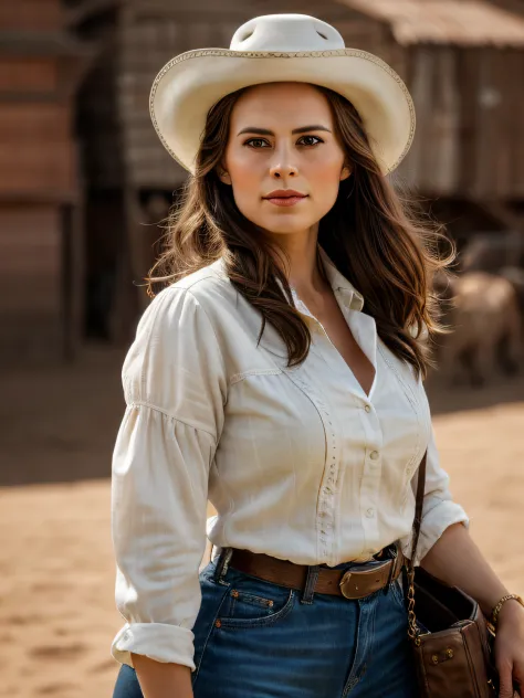 (Thirty year old) woman, standing beside a horse, dressed as an old western cowgirl, cowboy boots, long legs, dreamy photo, look...