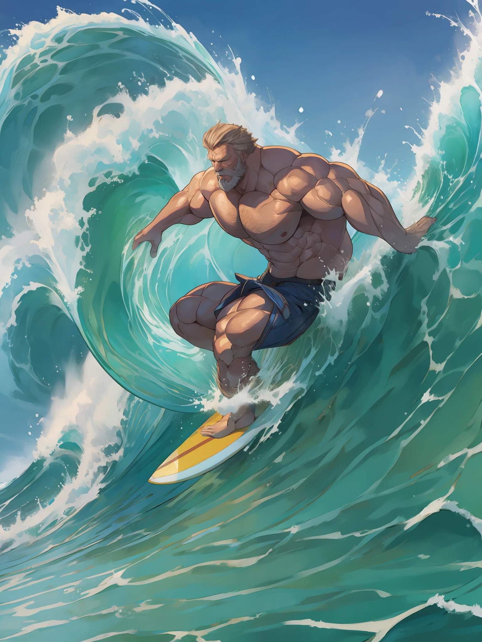 (vieil homme musclé chevauchant une puissante vague de surf)
