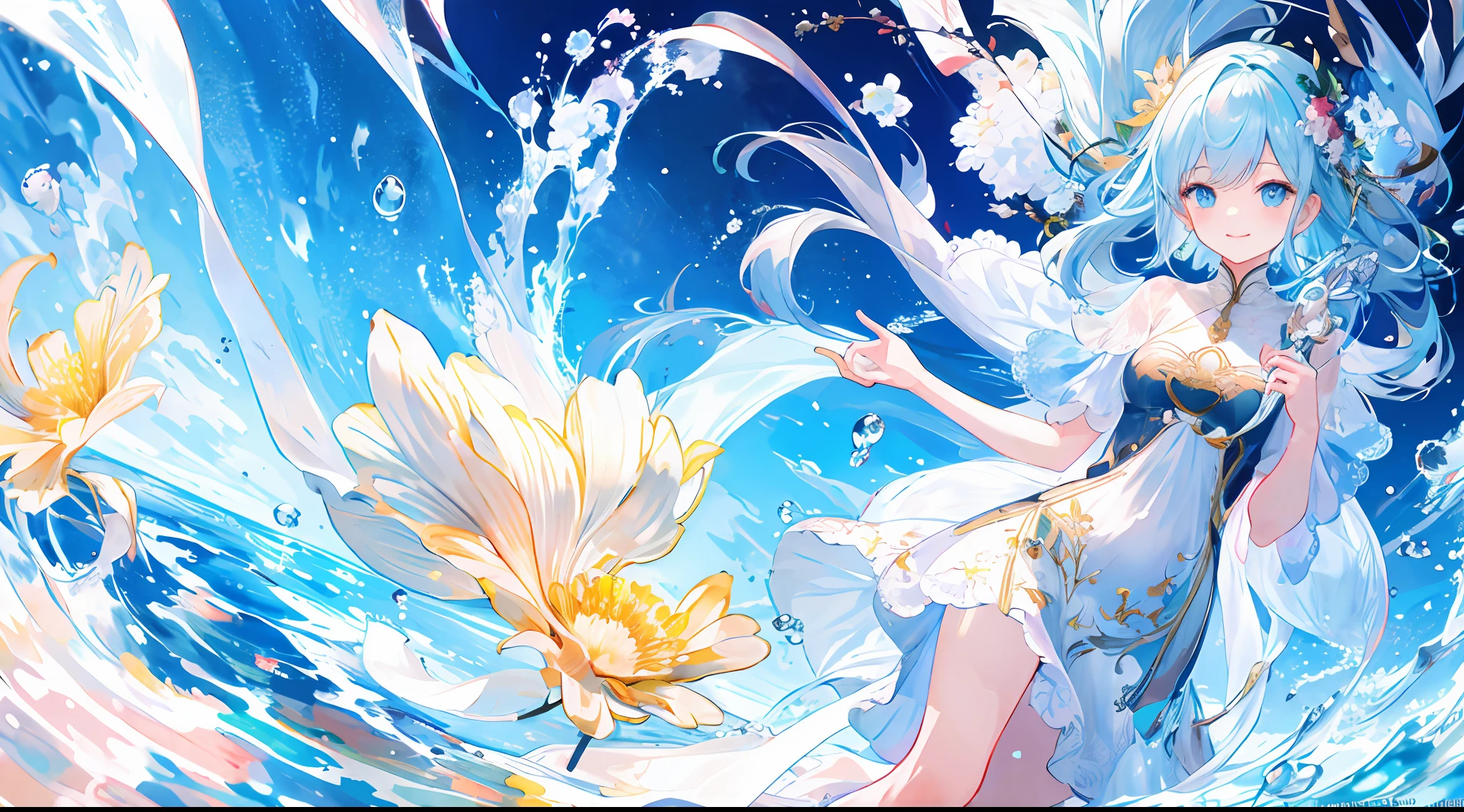 （Masterpiece）Super high quality detailed illustration，Fresh and transparent glass clothes girl，Transparent water quality body，is smiling happily，Side arm posture。The background is rich in detail，In the ethereal sight of summer，Cumulonimbus and clouds，Waves rise in puddles，splash of water，Water droplets shine like jade，It was as if cutting through the wall of water of heaven and earth。