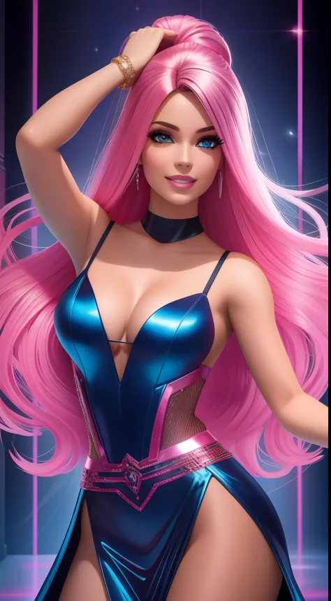 lustração digital, uma mulher feliz com cabelo loiro, Dancing woman, Cyberpunk, vestido de rosa, Escura, olhos azuis iluminados, sorridente, Enquadramento aberto, Comprimento total. estilo barbie, detalhes sobre roupas. beleza angelical.