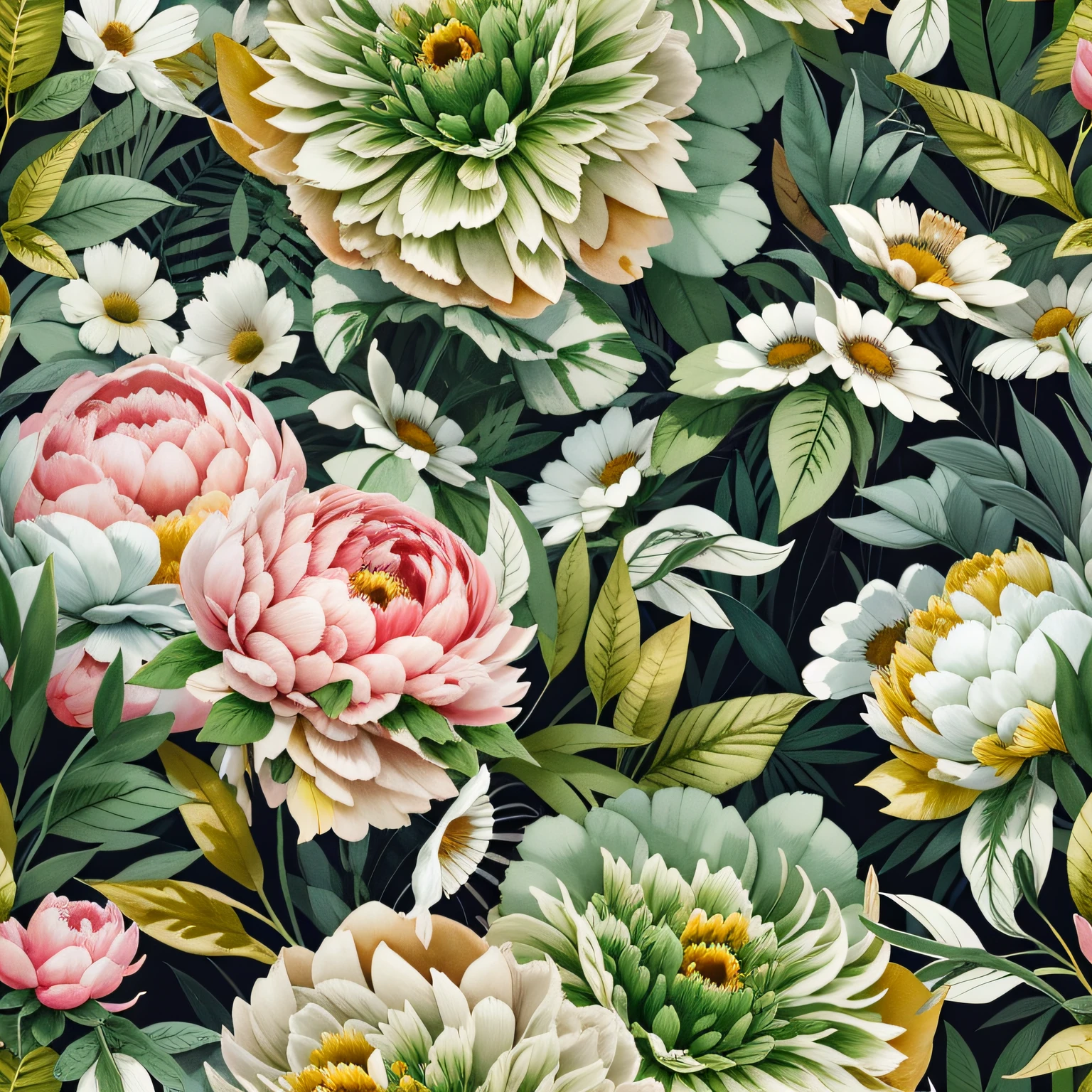 Seamless repeating floral pattern, watercolor abstract, hyperrealistic, Peonies, leaves, Daisies, white black gold