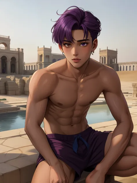 ojos violetas masculinos masculinos definidos , mongrel violet hair teenager 15 years shirtless skin broced clothes of ancient e...