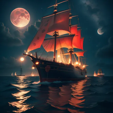 Puss in Boots，Tyndall lamps, Bright moon, Bright starry sky, Several sailing ships at sea, Giant sailing ships, Many red roses f...