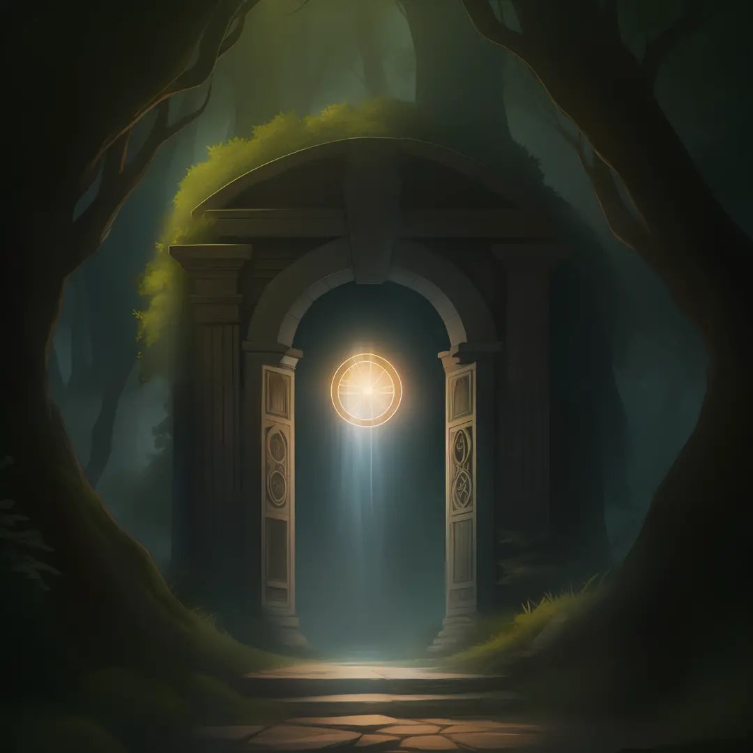 A mysterious portal, with a glowing light emanating from within, beckoning a traveler to explore the past.