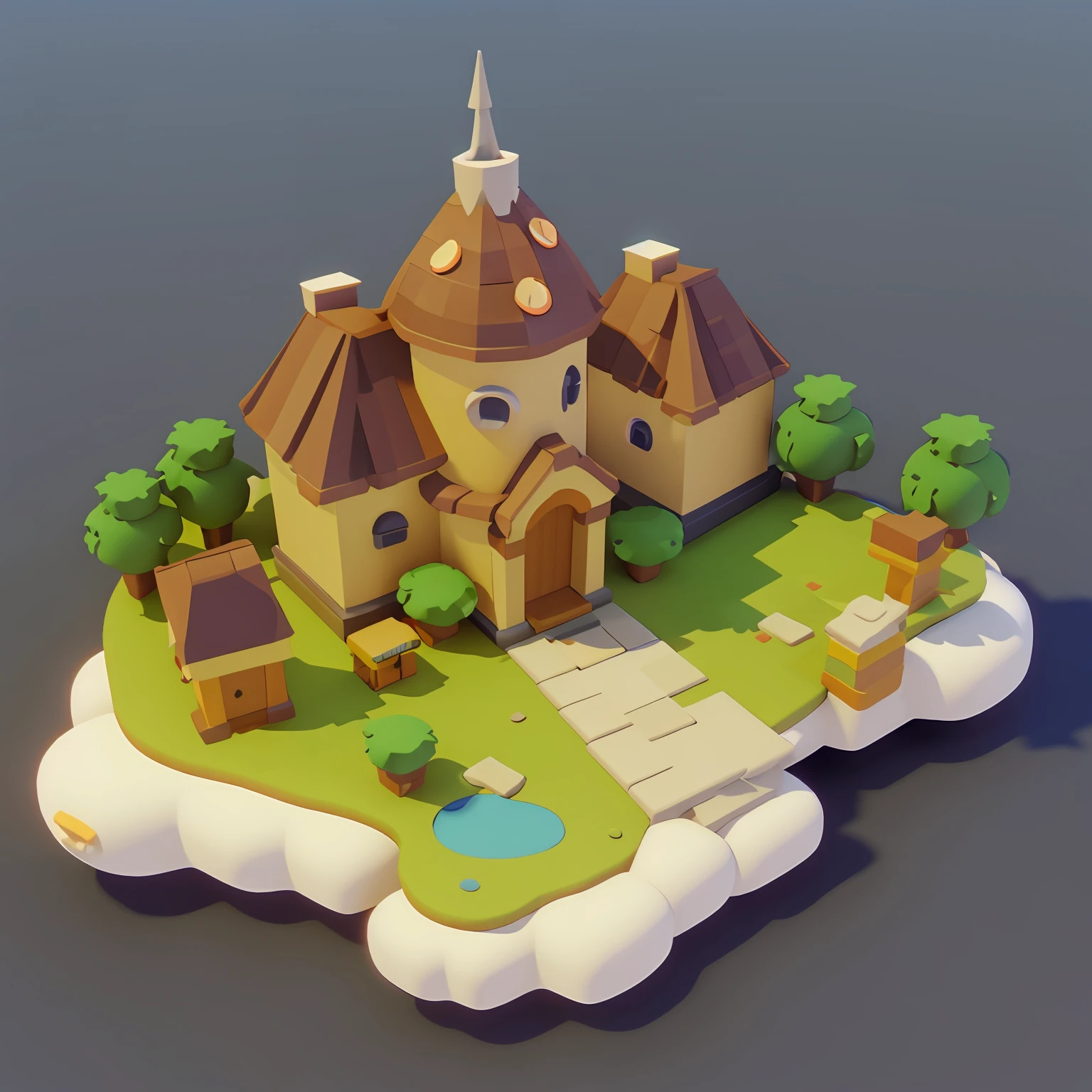 Game architectural design, cartoon, house, trees, casual game style, 3d, blender, closeup, masterpiece, super detail, best quality