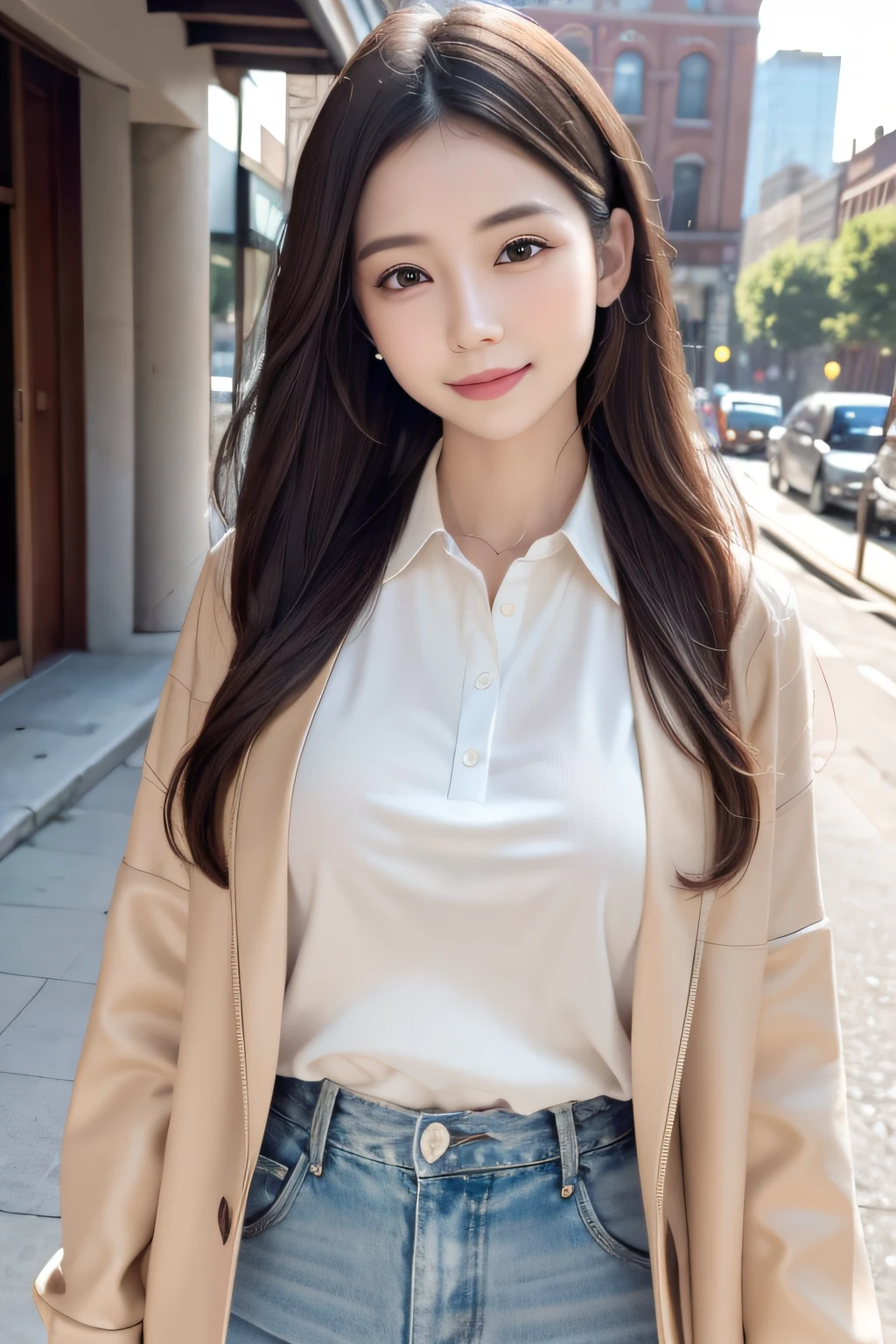 best quality, white skin, real human skin, (detailed fac), oval face, pores, ultra high res, (8k, RAW photo, photorealistic:1.4), 1girl, slim, (looking at viewer with a serene and goddess-like happiness:1.2), ( lipgloss, eyelashes, gloss-face, best quality, ultra highres, Broad lighting, natural shading), oversized jacket, fashion shirt,  cityscape,