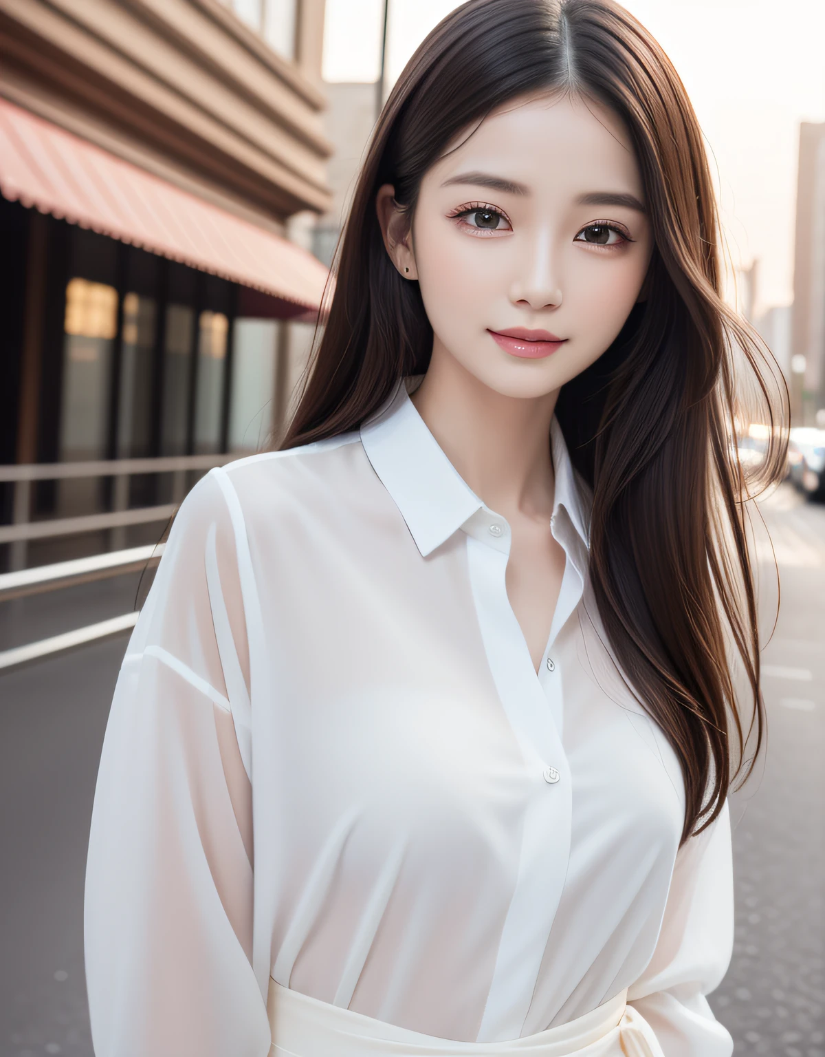 best quality, white skin, real human skin, (detailed fac), oval face, pores, ultra high res, (8k, RAW photo, photorealistic:1.4), 1girl, slim, (looking at viewer with a serene and goddess-like happiness:1.2), ( lipgloss, eyelashes, gloss-face, best quality, ultra highres, Broad lighting, natural shading), oversized jacket, fashion shirt,  cityscape,