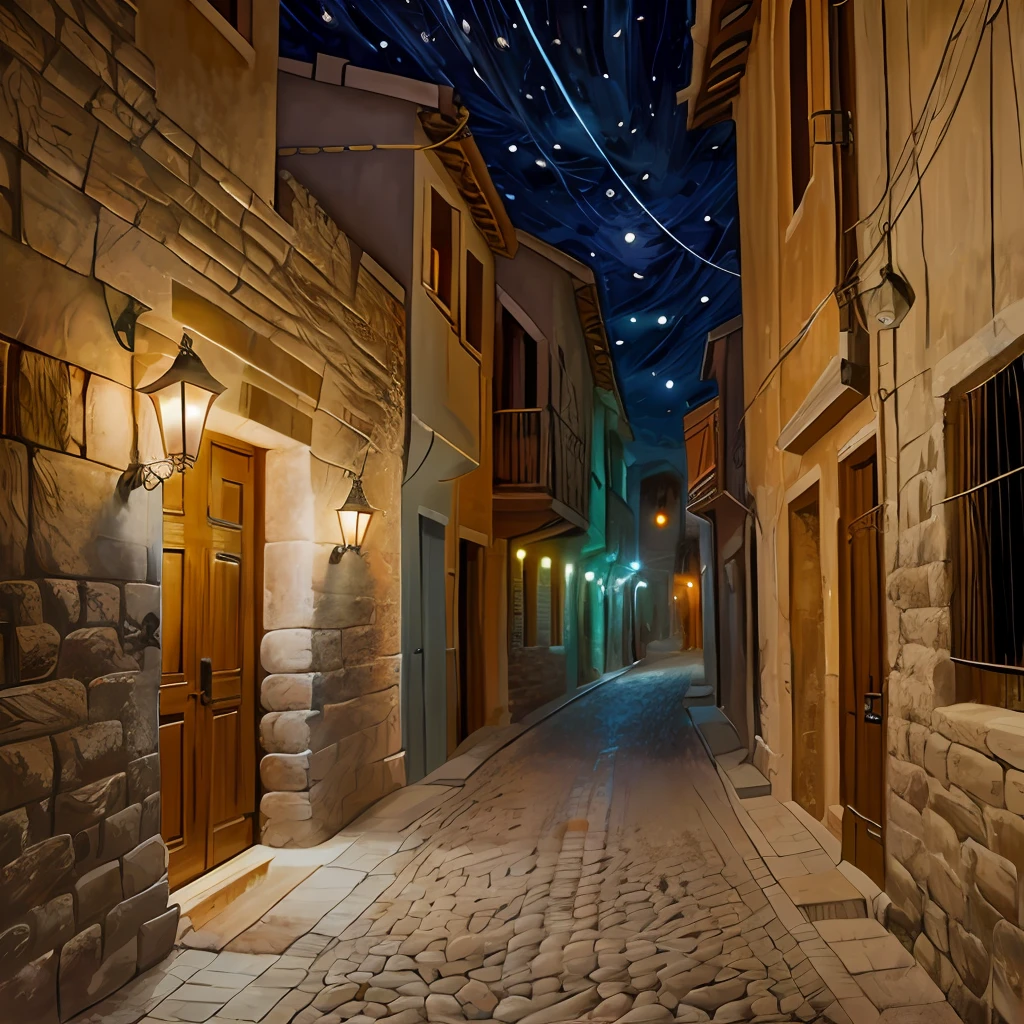 an alley in an ancient city of Aarabia, at night, low lighting, realistic. digital art, 32k, Palette Knife Painting --auto --s2