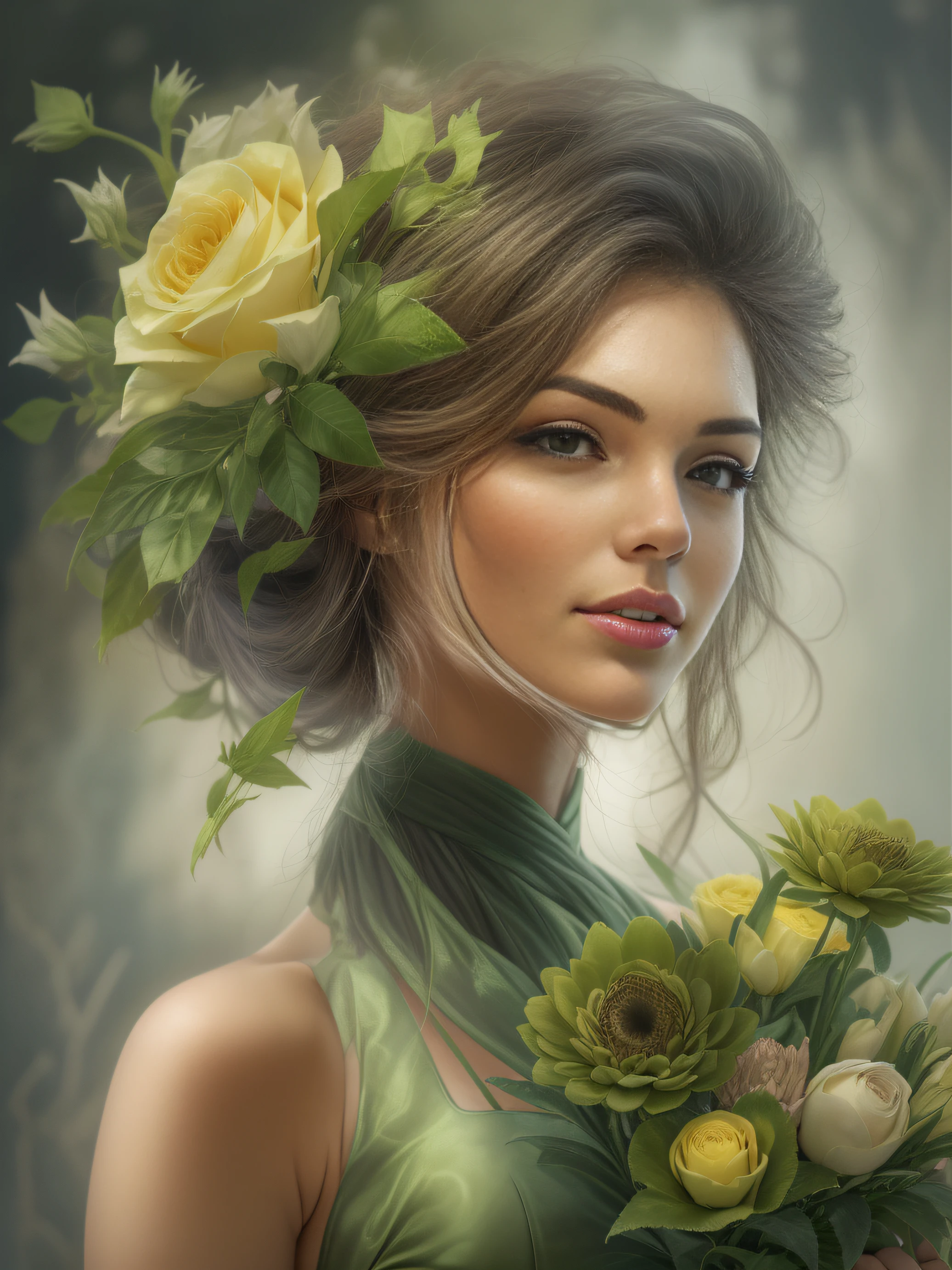 Sehr schöne Frau in einem grünen Kleid mit einem Strauß luxuriöser Blumen