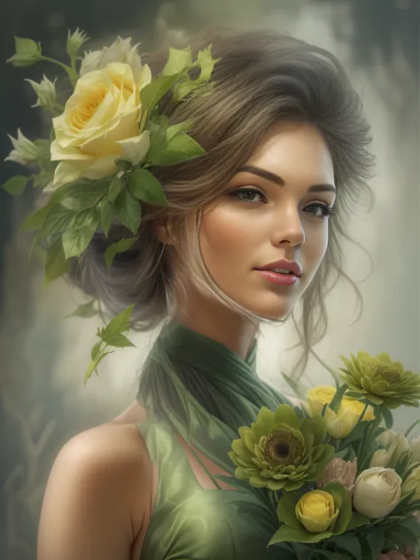 Very beautiful woman in a green dress with a bouquet of luxurious flowers