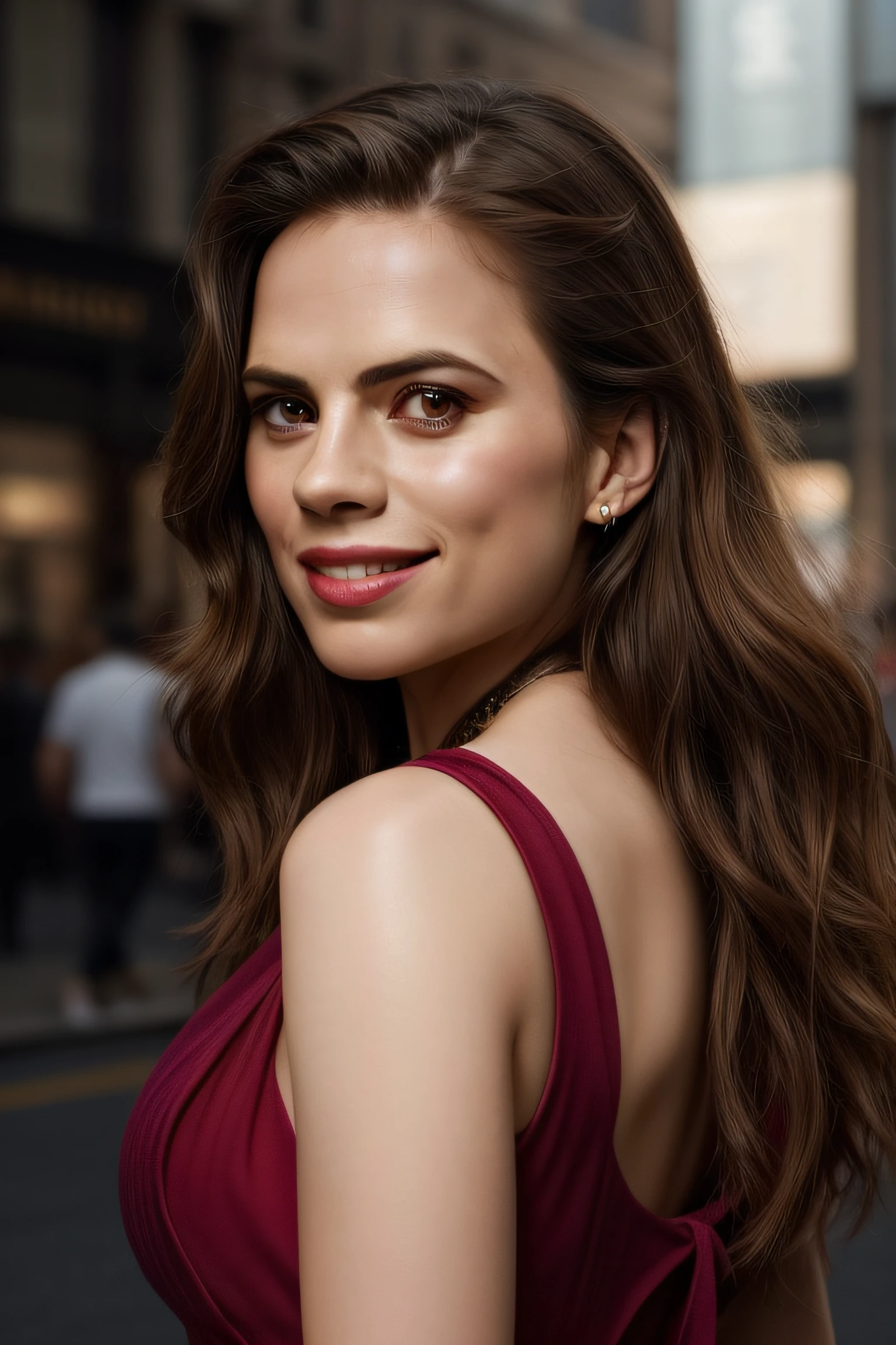 Beautiful woman, Hayley Atwell, spinning, laughing, dancing, wearing a red maxi dress, beautiful legs, (long curly hair), detailed eyes, (detailed realistic face), highly detailed, modelshoot style, (extremely detailed CG unity 8k wallpaper), (full body shoot) photo of the most beautiful artwork in the world, downtown fashion top model, by Jeremy Mann, trending on ArtStation, trending on CGSociety, Intricate, High Detail, Sharp focus, dramatic, photorealistic painting art by midjourney