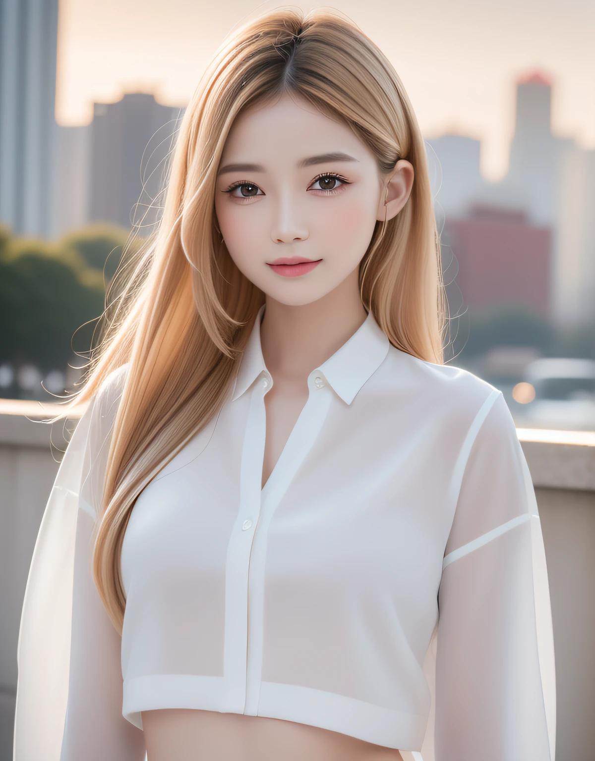 best quality, white skin, real human skin, (detailed fac), oval face, pores, ultra high res, (8k, RAW photo, photorealistic:1.4), 1girl, slim, (looking at viewer with a serene and goddess-like happiness:1.2), ( lipgloss, eyelashes, gloss-face, best quality, ultra highres, Broad lighting, natural shading), oversized jacket, fashion shirt,  cityscape,