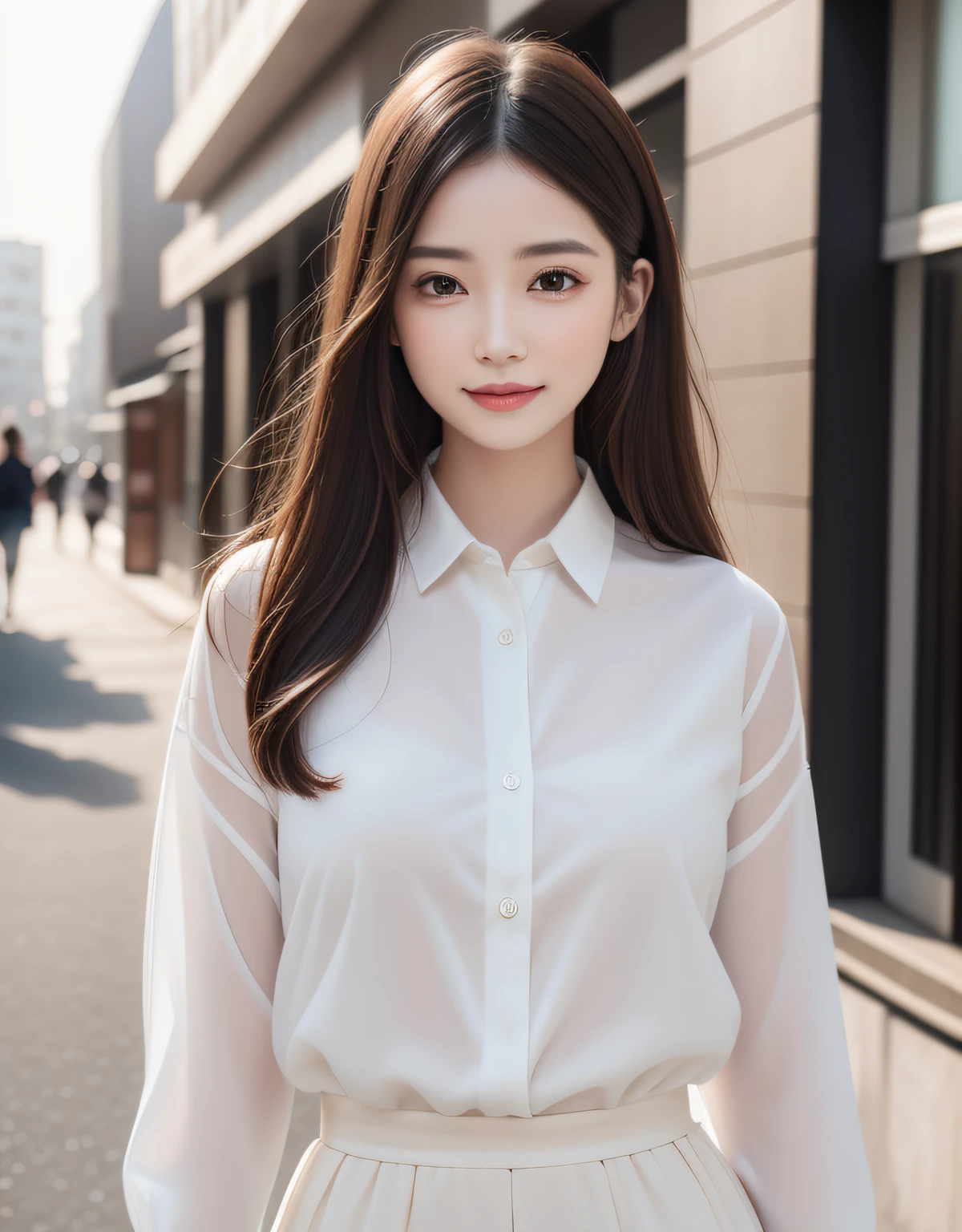 best quality, white skin, real human skin, (detailed fac), oval face, pores, ultra high res, (8k, RAW photo, photorealistic:1.4), 1girl, slim, (looking at viewer with a serene and goddess-like happiness:1.2), ( lipgloss, eyelashes, gloss-face, best quality, ultra highres, Broad lighting, natural shading), oversized jacket, fashion shirt,  cityscape,