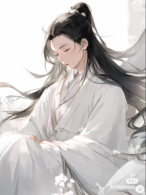 Long hair anime girl in white dress, flowing hair and long robes, flowing white robe, Inspired by Seki Dosheng, White Hanfu, flo...