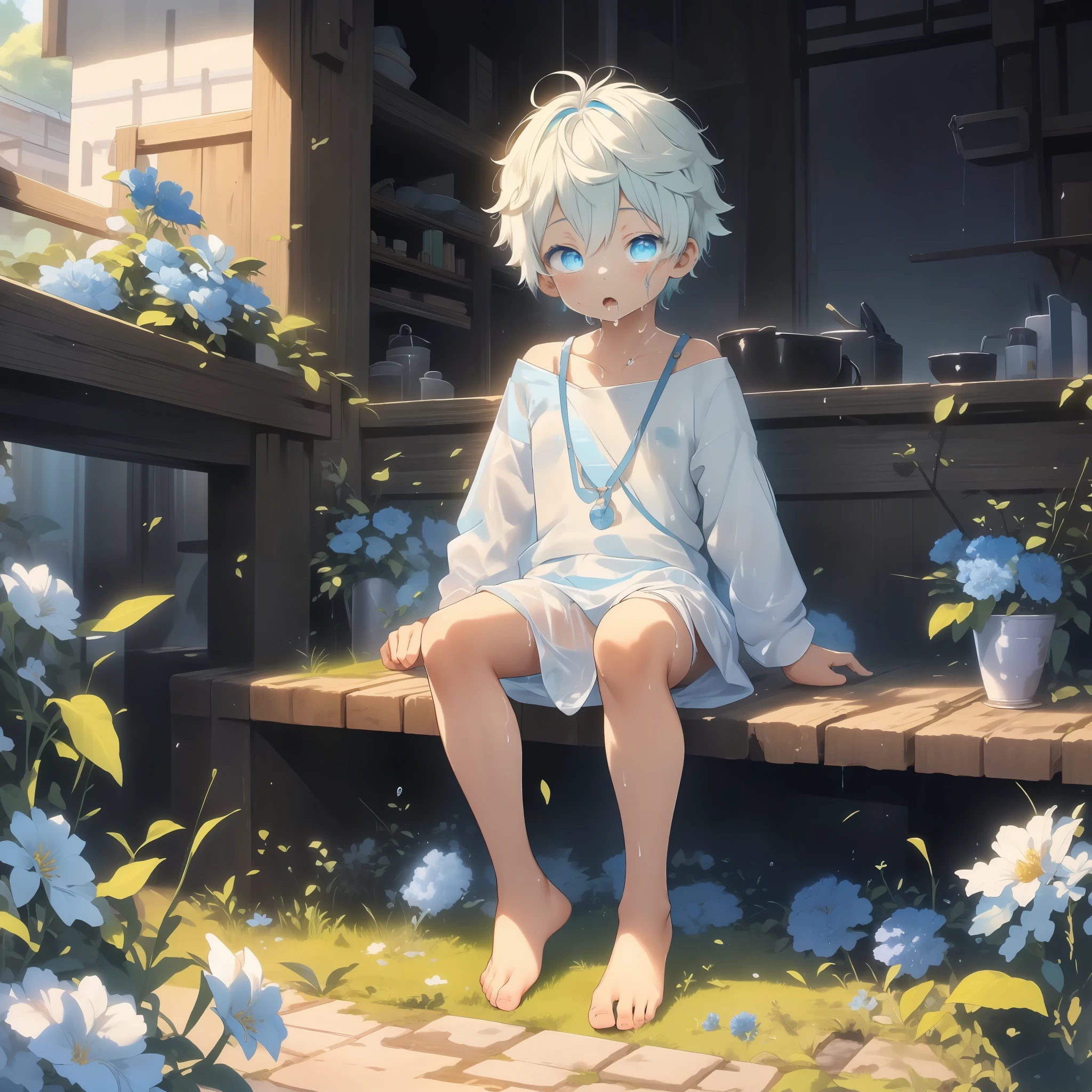 Anime-Stil-Bild eines Jungen, der auf einem Stuhl in einem Garten sitzt und seine Füße mit weißem Schleim bedeckt sind, guweiz on pixiv artstation, Anime üppig John 8k Wald, guweiz on artstation pixiv, artwork in the style of guweiz, guweiz, Trends auf Artstation Pixiv, atey ghailan 8 k, Genshin, offizielles Kunstwerk, barfuß, Sabbernd auf den Füßen, sexy Füße, Fußfetisch