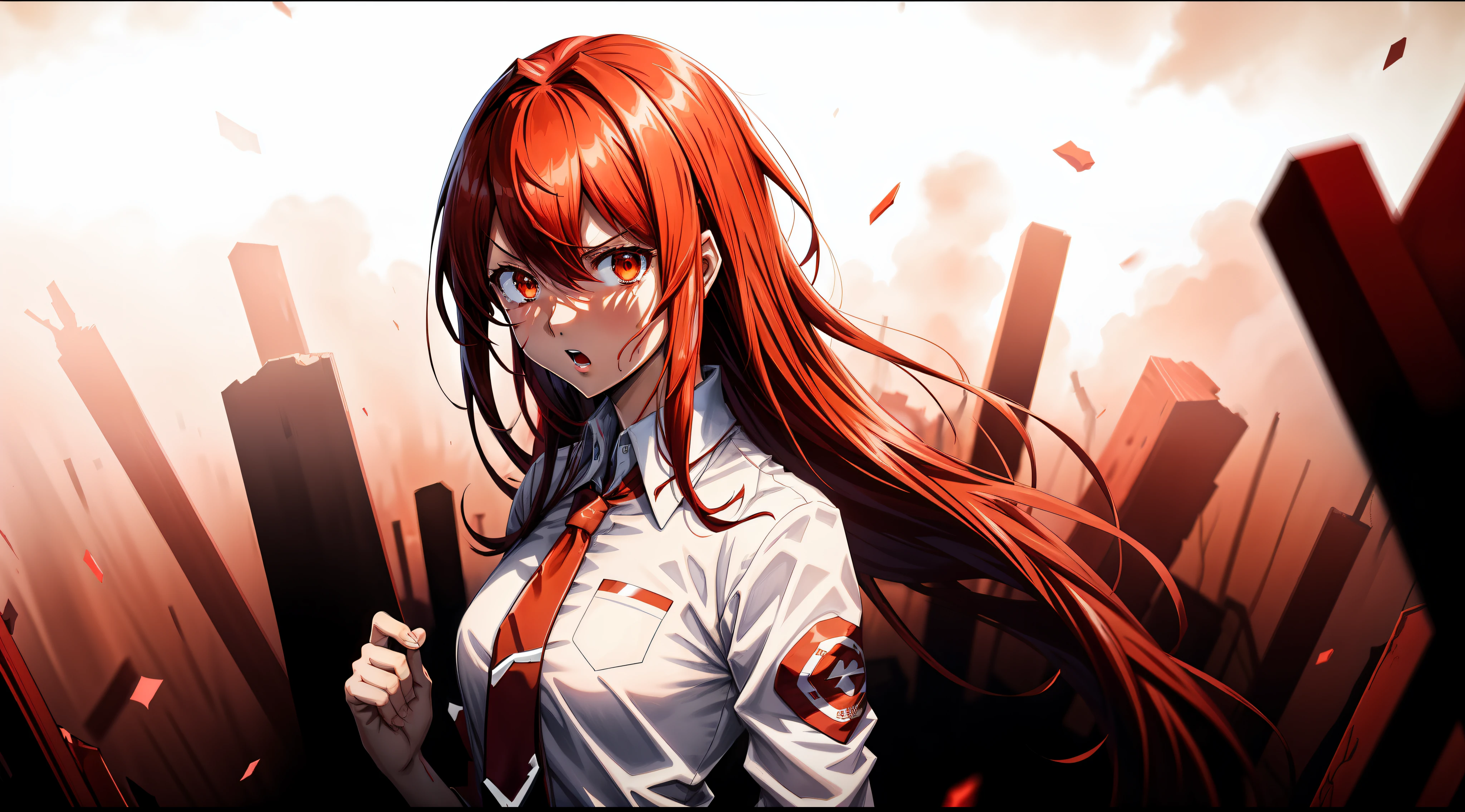 ragemode, girl, shirt, red necktie, (makise kurisu), red hair, long hair, wild hair, lightning, white, rule of thirds, depth of field, masterpiece, cinematic light