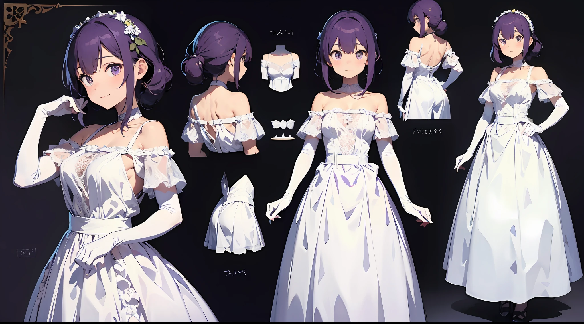 (杰作), 最好的质量, （角色设计表，相同的角色，正面，侧面，背部）, 穿着白色连衣裙，紫色蕾丝，（白色蕾丝手套，紫色蕾丝），上面有花,   概念艺术，蕾丝手套，露肩装