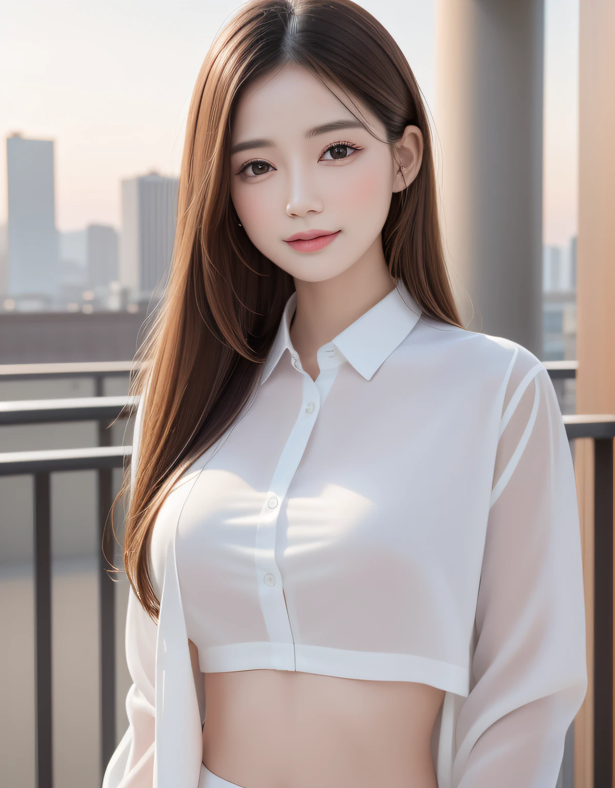 best quality, white skin, real human skin, (detailed fac), oval face, pores, ultra high res, (8k, RAW photo, photorealistic:1.4), 1girl, slim, (looking at viewer with a serene and goddess-like happiness:1.2), ( lipgloss, eyelashes, gloss-face, best quality, ultra highres, Broad lighting, natural shading), oversized jacket, fashion shirt,  cityscape,