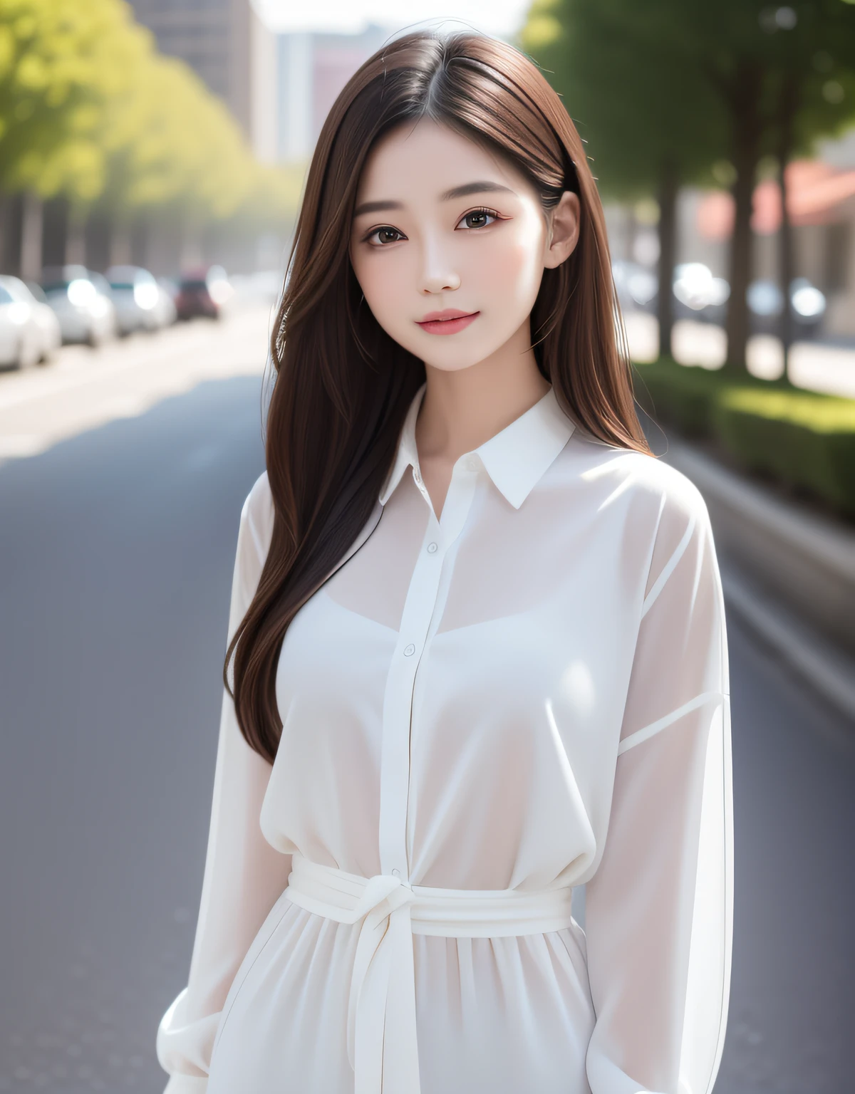 best quality, white skin, real human skin, (detailed fac), oval face, pores, ultra high res, (8k, RAW photo, photorealistic:1.4), 1girl, slim, (looking at viewer with a serene and goddess-like happiness:1.2), ( lipgloss, eyelashes, gloss-face, best quality, ultra highres, Broad lighting, natural shading), oversized jacket, fashion shirt,  cityscape,