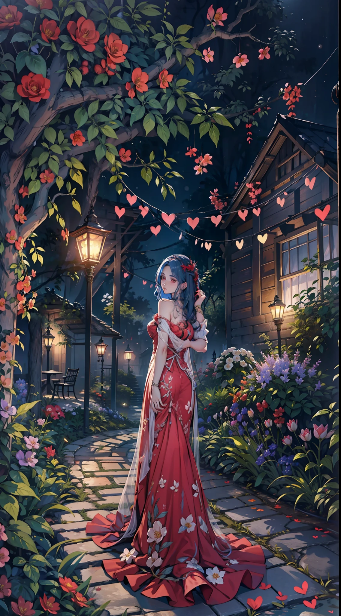 En una fiesta de primavera, A beautiful vampire walks through a garden on a clear night. Ella lleva una guirnalda de flores en su cabello, You have cold eyes and your skin lacks pigment., Ella lleva un largo, Sober dress with heart neckline.