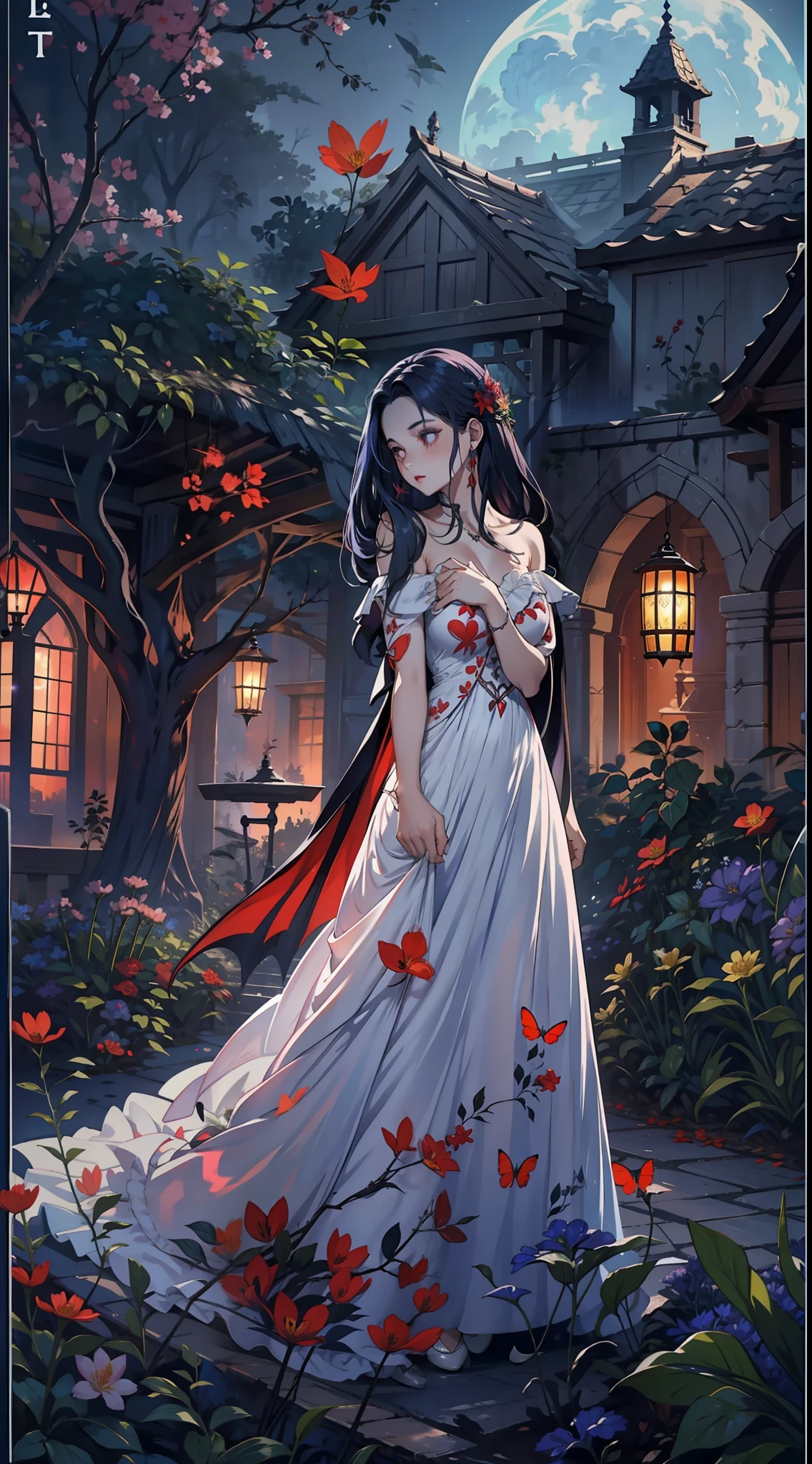 En una fiesta de primavera, Un hermoso vampiro camina por un jardín en una noche clara. Ella lleva una guirnalda de flores en su cabello, Tiene los ojos fríos y su piel carece de pigmento., Ella lleva un largo, Vestido sobrio con escote corazón.
