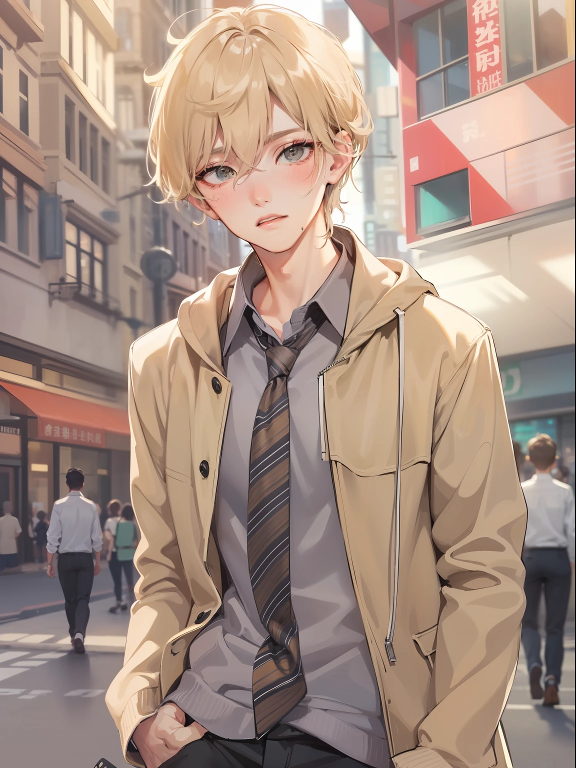 Anime boy in a tie and jacket standing in a city street - SeaArt AI