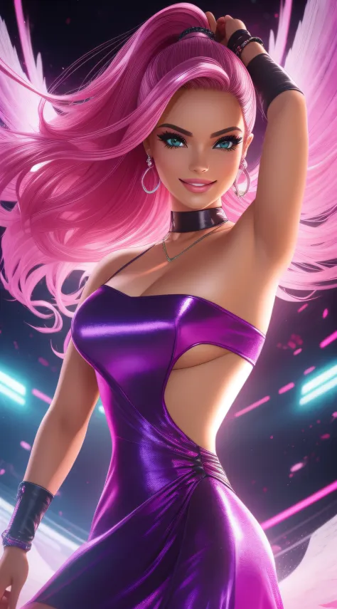 lustração digital, uma mulher feliz com cabelo loiro, Dancing woman, Cyberpunk, vestido de rosa, Escura, olhos azuis iluminados, sorridente, Enquadramento aberto, Comprimento total. estilo barbie, detalhes sobre roupas. beleza angelical.