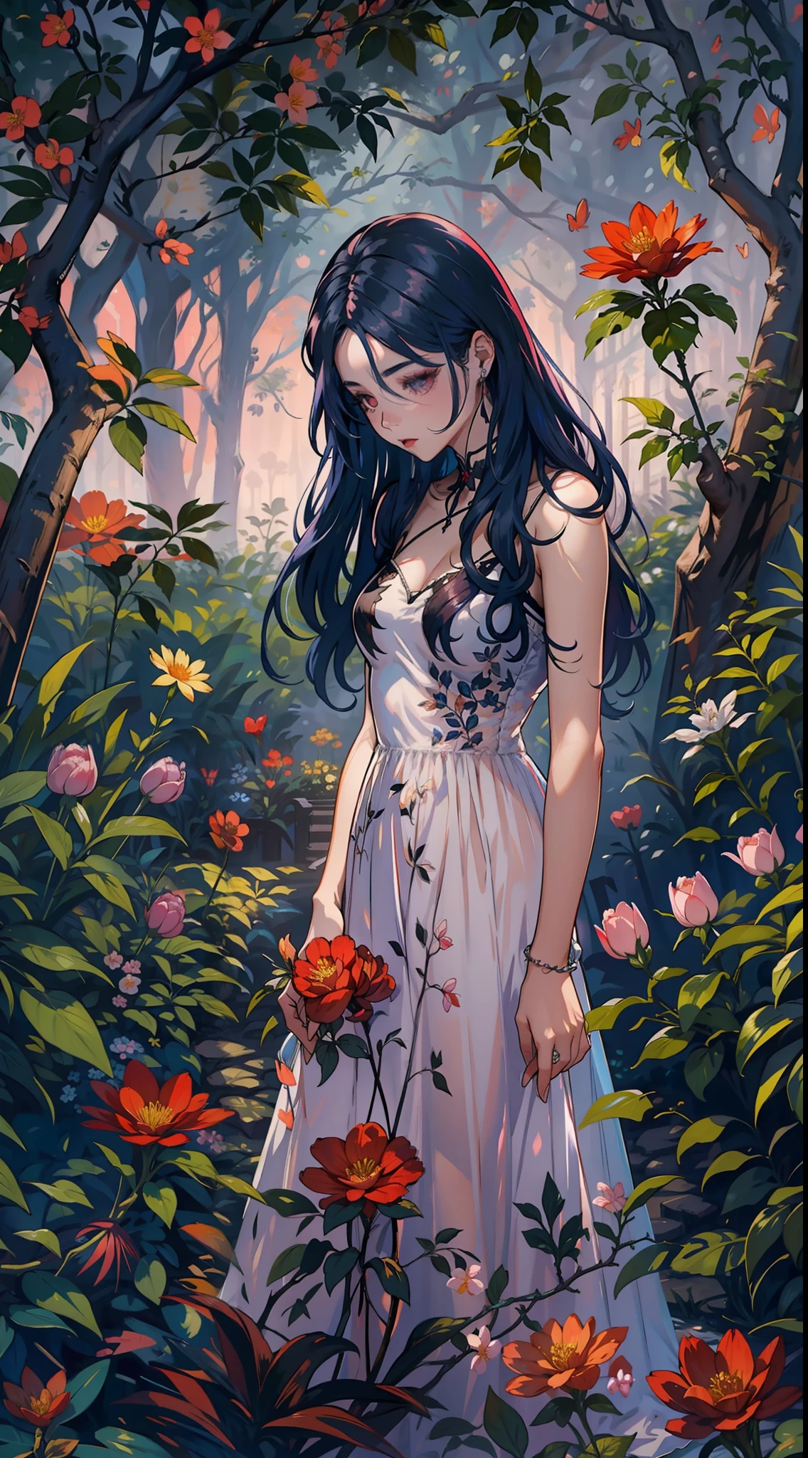 봄 파티에서, 아름다운 뱀파이어가 맑은 밤에 정원을 걷는다. 그녀는 머리에 꽃 화환을 쓰고 있습니다., 눈이 차갑고 피부에 색소가 부족합니다., 그녀는 긴 옷을 입는다., 하트 네크라인이 있는 수수한 드레스.