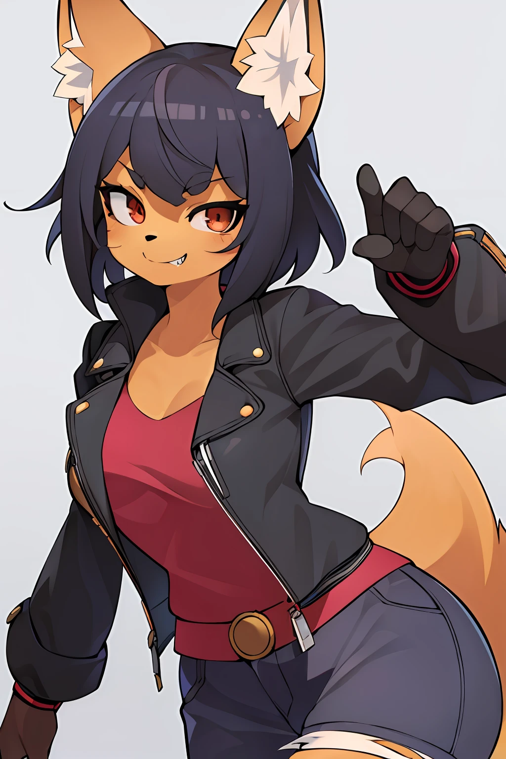 best quality, masterpiece, solo, 1girl,  furry, portrait, anthropomorphic female Fox, punk outfit, torn clothes, anthro, smug smile, half-closed eyes, looking at the viewer, dyed hair, seductive look