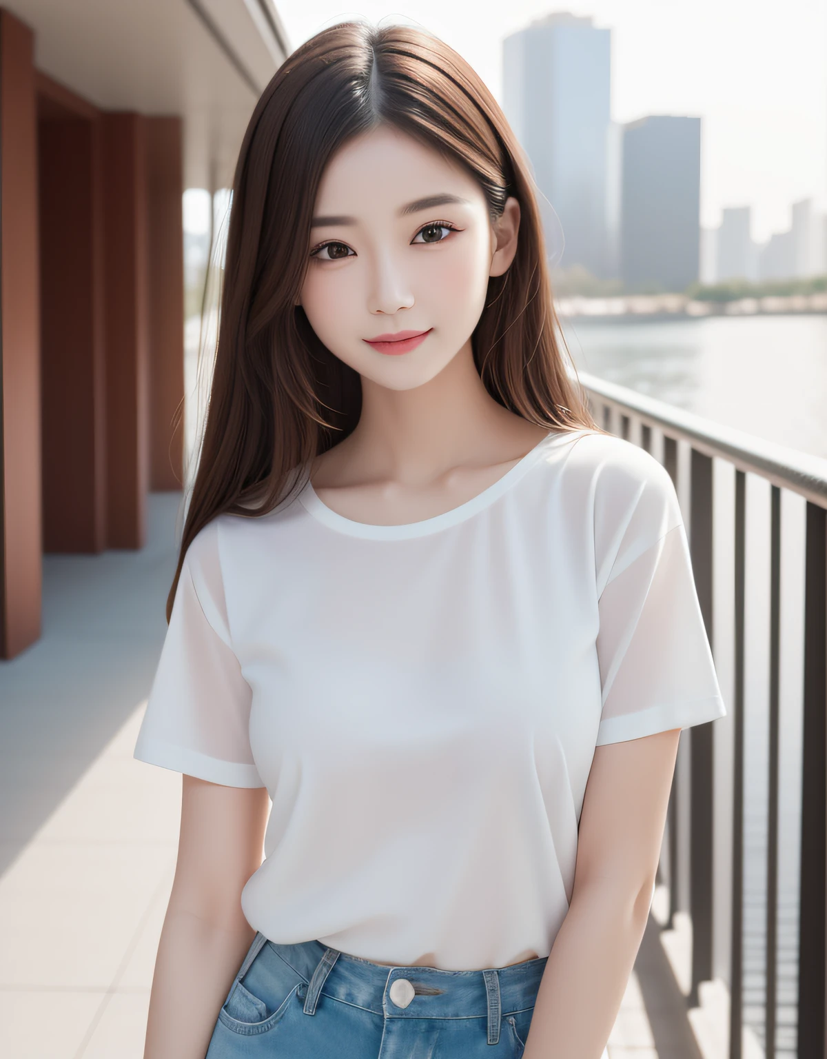 best quality, white skin, real human skin, (detailed fac), oval face, pores, ultra high res, (8k, RAW photo, photorealistic:1.4), 1girl, slim, (looking at viewer with a serene and goddess-like happiness:1.2), ( lipgloss, eyelashes, gloss-face, best quality, ultra highres, Broad lighting, natural shading), white fashion T-shirt, shorts, cityscape,