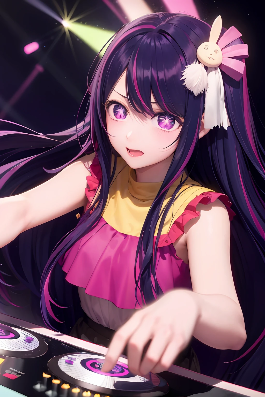 "A solo shot featuring Hoshino Ai, long hair, purple hair, streaked hair ,purple eyes, star-shaped pupils, hair ornament, , a DJ, showcasing her skills on the turntables at a vibrant rave."