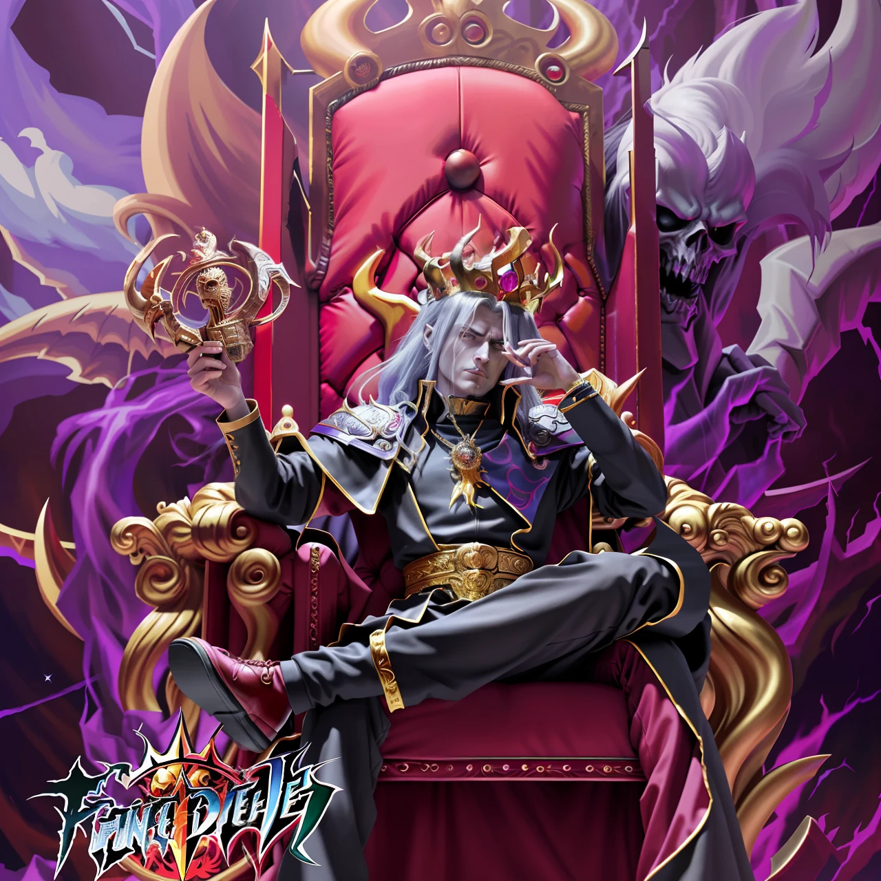 a picture of a cartoon picture of a woman sitting on a throne, lord from hell on the throne, the former demon king, yugioh artwork, king of hell, high detailed official artwork, the king of death, yugioh art style, the king of hell, the god emperor of mankind, ruler of the demons, official artwork, sitting on his throne